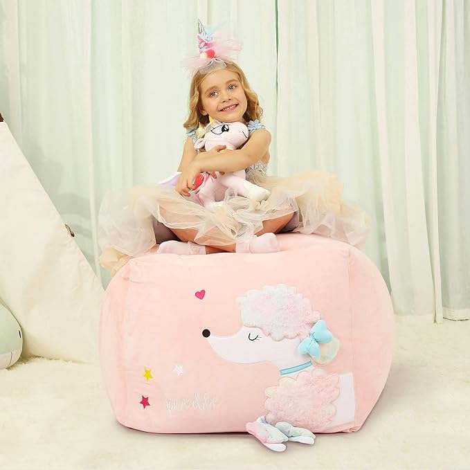 Kids Bean Bag Chairs Pink, Poodle Toy Organizers and Storage for Girls Bedroom, Velvet Fabric Super Soft Extra Large Cover Only - LeafyLoom