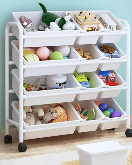 Kids Toy Storage Organizer with 12 Plastic Bins, 4-Tier Metal Toy Storage Rack, Metal Toy Organizer with Storage Bins for Kids Room, Playroom and Nursery, White - LeafyLoom