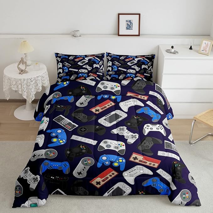 Erosebridal Boys Gamer Comforter Set Queen Size, Modern Game Down Comforter for Kids Teens Children, Video Game Bedding Set,Player Gaming Gamepad Joystick Soft Quilt Duvet Set, Room Decor - LeafyLoom