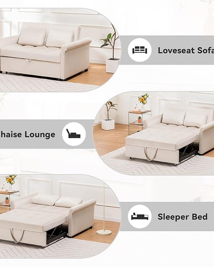 COMHOMA 55" Sleeper Sofa Bed, 3-in-1 Pull Out Couch with Adjustable Backrest and Pillows, Convertible Sleeper Couch for Living Room and Office (White) - LeafyLoom