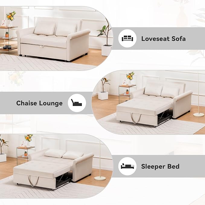 COMHOMA 55" Sleeper Sofa Bed, 3-in-1 Pull Out Couch with Adjustable Backrest and Pillows, Convertible Sleeper Couch for Living Room and Office (White) - LeafyLoom
