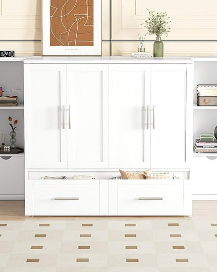 Queen Size Murphy Bed Foldable into Cabinet, Wooden Platform Bedframe with Shelves, Drawers and USB Ports, for Bedroom/Living Room, White - LeafyLoom