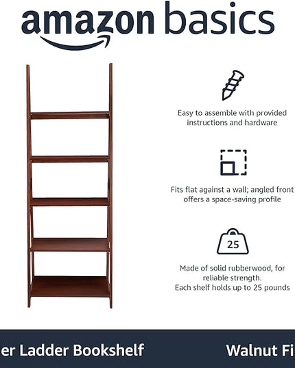 Amazon Basics Modern 5-Tier Ladder Bookshelf Organizer, Solid Rubberwood Frame, Walnut Finish, 14" D x 24.8" W x 70.1" H - LeafyLoom