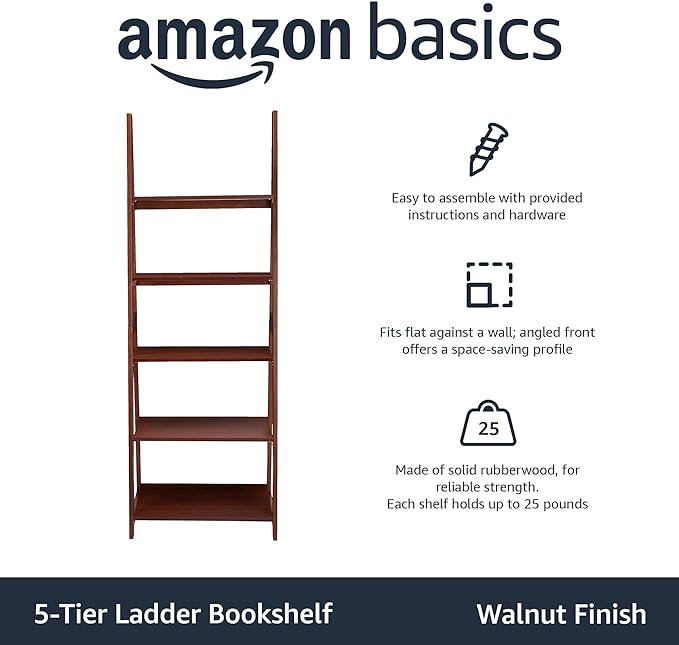 Amazon Basics Modern 5-Tier Ladder Bookshelf Organizer, Solid Rubberwood Frame, Walnut Finish, 14" D x 24.8" W x 70.1" H - LeafyLoom