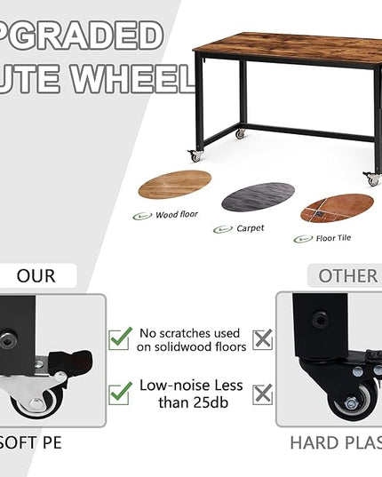AHB 55" Rolling Computer Desk with 4 Smooth Wheels, Simple Style Mobile Writing Desk Home Office Study Table Movable Workstation with Metal Frame - LeafyLoom