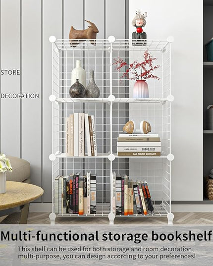 Wolizom Wire Cube Storage, Metal Grids Shelves Bookshelf, Stackable Modular Shelving Organizer, DIY Closet Bookcase Bookshelf, Grid Storage Shelf for Bedroom, Living Room, Office (White, 6 Cube) - LeafyLoom