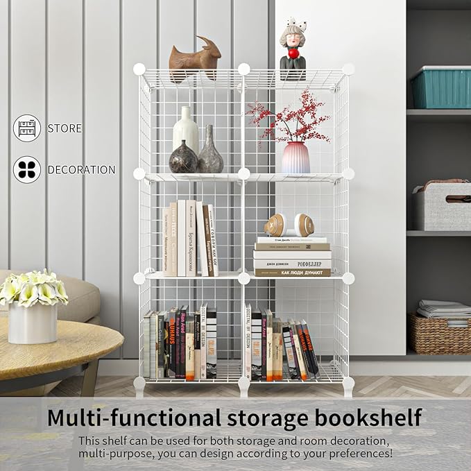 Wolizom Wire Cube Storage, Metal Grids Shelves Bookshelf, Stackable Modular Shelving Organizer, DIY Closet Bookcase Bookshelf, Grid Storage Shelf for Bedroom, Living Room, Office (White, 6 Cube) - LeafyLoom