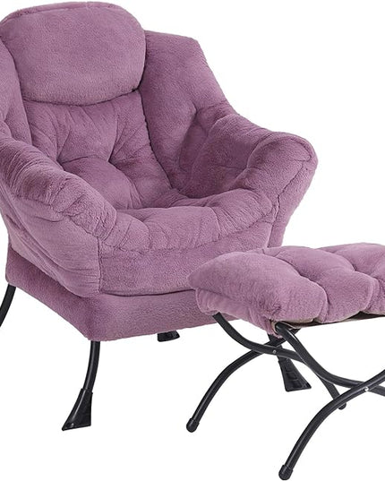 Plush Lazy Chair and Ottoman, Large Contemporary Accent Lounge Chair with Armrests and a Side Pocket, Modern Leisure Upholstered Sofa Reading Armchair with Footrest for Bedroom, Living Room - LeafyLoom