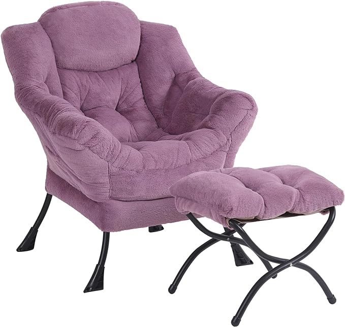 Plush Lazy Chair and Ottoman, Large Contemporary Accent Lounge Chair with Armrests and a Side Pocket, Modern Leisure Upholstered Sofa Reading Armchair with Footrest for Bedroom, Living Room - LeafyLoom