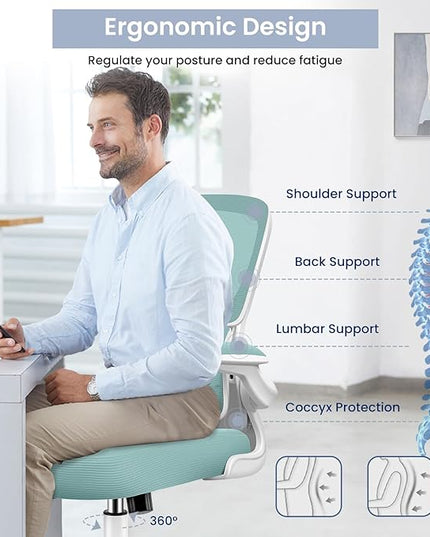 Office Chair, Ergonomic Desk Chair with Lumbar Support and Adjustable Armrests, Comfy Desk Chair Breathable Mesh Mid Back Computer Chair, Reclining Office Chair for Home Office - Mint Green - LeafyLoom