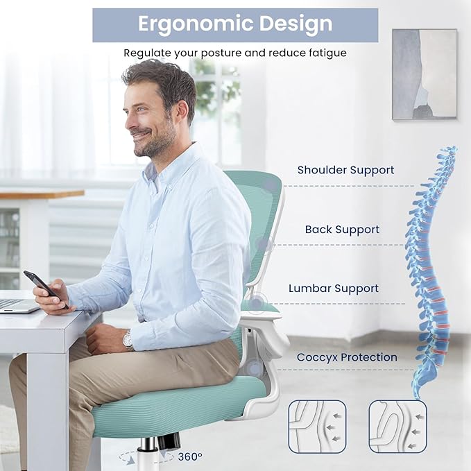Office Chair, Ergonomic Desk Chair with Lumbar Support and Adjustable Armrests, Comfy Desk Chair Breathable Mesh Mid Back Computer Chair, Reclining Office Chair for Home Office - Mint Green - LeafyLoom