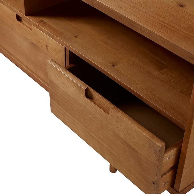 Walker Edison 3-Drawer Mid Century Modern Wood TV Stand for TV's up to 65" Flat Screen Cabinet Door Living Room Storage Entertainment Center, 58 Inch, Caramel - LeafyLoom