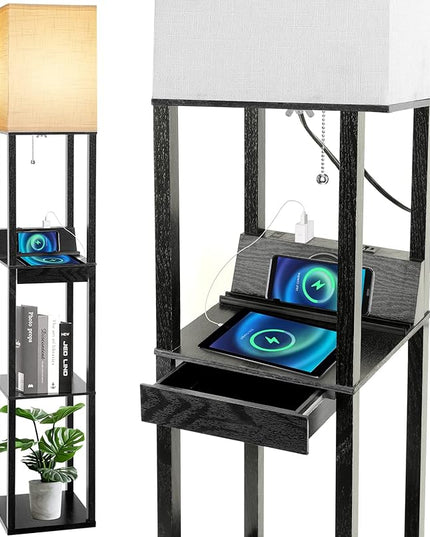 Floor Lamp with Shelves, RUNTOP LED Shelf Floor Lamp with Wireless Charger & 2 Charging USB Ports & Drawer, AC Outlet, 3 Color Temperature Tall Standing Lamp with Bulb for Living Room, Bedroom, Office - LeafyLoom