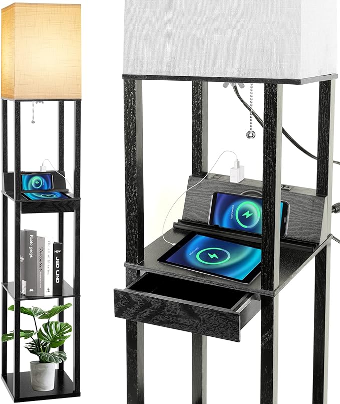 Floor Lamp with Shelves, RUNTOP LED Shelf Floor Lamp with Wireless Charger & 2 Charging USB Ports & Drawer, AC Outlet, 3 Color Temperature Tall Standing Lamp with Bulb for Living Room, Bedroom, Office - LeafyLoom
