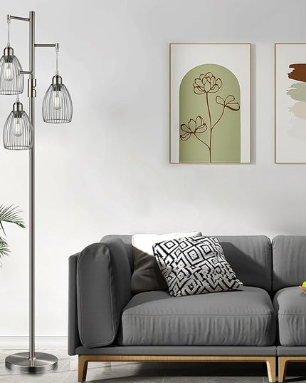 Dimmable Floor Lamp, Metal, 3 x 800LM LED Edison Bulbs Included, Industrial Floor Lamp Standing Tree Lamp with Elegant Teardrop Cage Heads Tall Lamps for Living Room Bedroom-Brushed Nickel - LeafyLoom