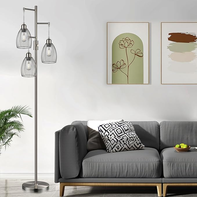 Dimmable Floor Lamp, Metal, 3 x 800LM LED Edison Bulbs Included, Industrial Floor Lamp Standing Tree Lamp with Elegant Teardrop Cage Heads Tall Lamps for Living Room Bedroom-Brushed Nickel - LeafyLoom