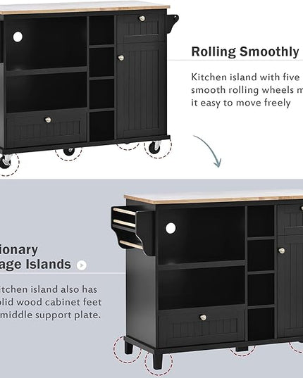 Kitchen Island with Storage, Rolling Table on Wheels Solid Wood Desktop, Microwave Cabinet, Floor Standing Buffet Server Sideboard for Dinning Room - LeafyLoom