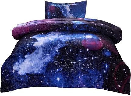 JQinHome Twin Galaxy Comforter Sets Blanket, 3D Outer Space Themed Bedding, All-Season Reversible Quilted Duvet, for Children Boy Girl Teen Kids - includes 1 Comforter, 1 Pillow Sham (Dark Blue) - LeafyLoom