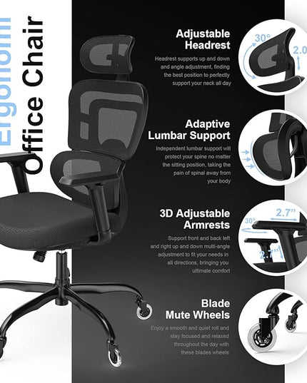Ergonomic Office Chair - Mesh Office Chair High Back, Rolling Desk Chair, Executive Swivel Chair, Computer Chair with 3D Adjustable Armrest, 3D Lumbar Support, Blade Wheels, Adjustable Headrest - LeafyLoom