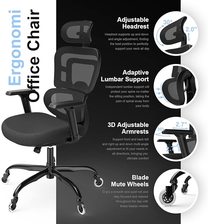 Ergonomic Office Chair - Mesh Office Chair High Back, Rolling Desk Chair, Executive Swivel Chair, Computer Chair with 3D Adjustable Armrest, 3D Lumbar Support, Blade Wheels, Adjustable Headrest - LeafyLoom