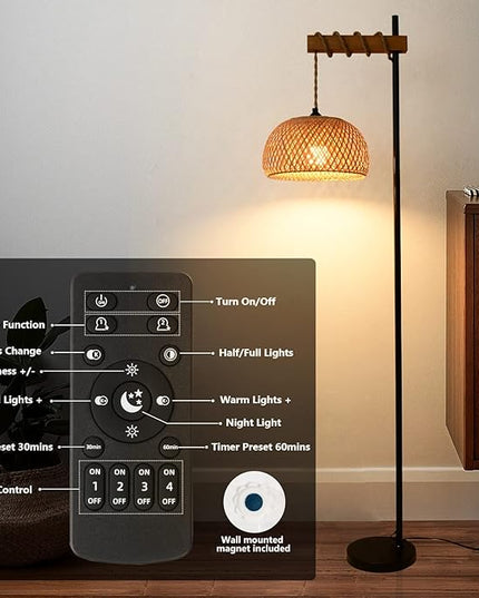 Boho Floor Lamp with Remote, Farmhouse Dimmable Rattan Standing Lamp with Smart Blub, Bamboo Lampshade, App Control, Wood Black Tall Lamp for Living Room Bedroom Office, 9W LED Bulb Included - LeafyLoom