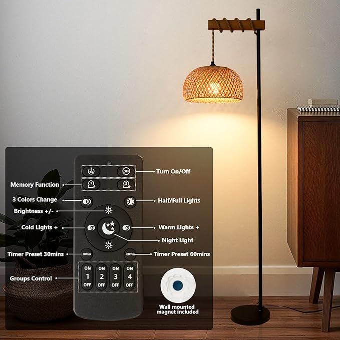 Boho Floor Lamp with Remote, Farmhouse Dimmable Rattan Standing Lamp with Smart Blub, Bamboo Lampshade, App Control, Wood Black Tall Lamp for Living Room Bedroom Office, 9W LED Bulb Included - LeafyLoom