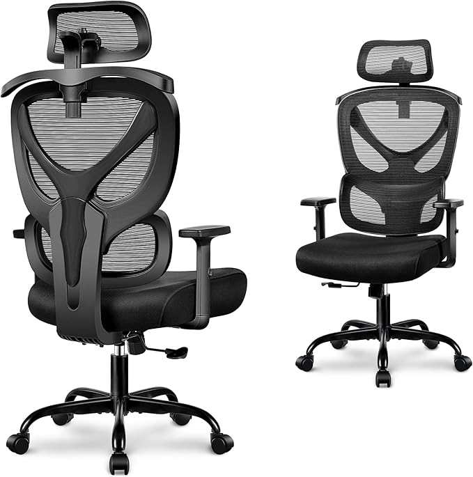 Office Chair Ergonomic Desk Chair Comfy Computer Chair, Big and Tall Home Office Chair with Back Support, Mesh Office Chair High Back Gaming Chair with Adjustable Armrest (Black) - LeafyLoom