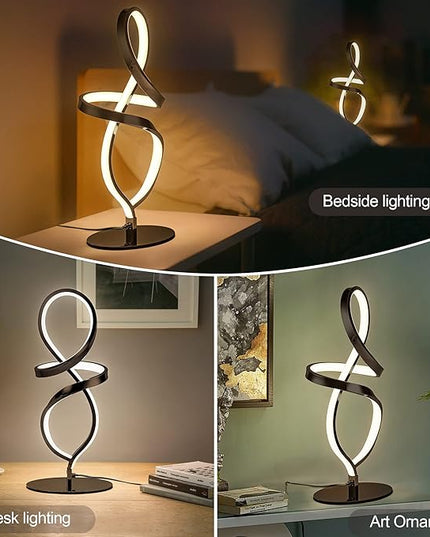 Modern Table Lamp, LED Spiral Lamp, Black Bedside Lamp with Stepless Dimming Switch, Contemporary Nightstand Lamp, LED Lamp for Bedroom Living Room Home Office, 12W, 3200K Warm White - LeafyLoom