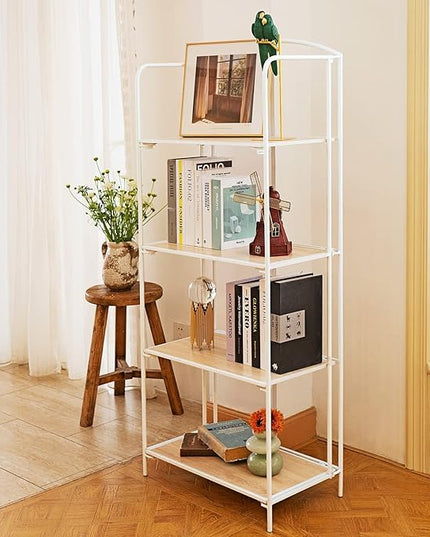 No Assembly Folding Bookshelf, 4 Tier White Bookshelf, Metal Book Shelf for Storage, Folding Bookcase for Office Organization and Storage, 12.6" D x 22.44" W x 55.51" H - LeafyLoom