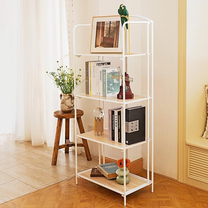 No Assembly Folding Bookshelf, 4 Tier White Bookshelf, Metal Book Shelf for Storage, Folding Bookcase for Office Organization and Storage, 12.6" D x 22.44" W x 55.51" H - LeafyLoom