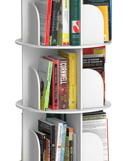 Rotating Bookshelf, Revolving Bookcase, Spinning Book Shelf, 4 Tier, 18.2” W x 50.6” H, White, Wood, 360 Degrees Bookshelves, Floor Stand, Rotation Display Tower, Stackable, Round, for Kids, Children - LeafyLoom