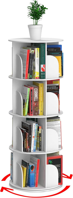 Rotating Bookshelf, Revolving Bookcase, Spinning Book Shelf, 4 Tier, 18.2” W x 50.6” H, White, Wood, 360 Degrees Bookshelves, Floor Stand, Rotation Display Tower, Stackable, Round, for Kids, Children - LeafyLoom