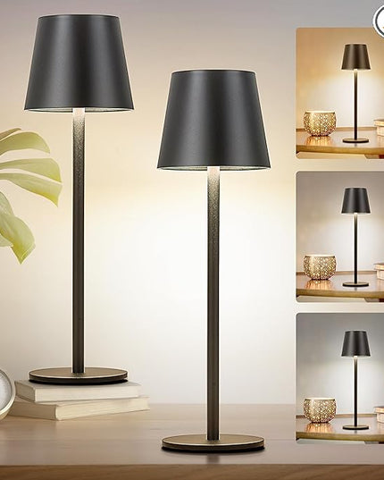 2Pack Cordless Table Lamp, 5200mAh IP54 Waterproof Rechargeable Battery Desk Lamp, 3 Color Stepless Dimming Up, Battery Operated Lamp for Kitchen/Bedside/Outdoor/Restaurant/Camping (Black) - LeafyLoom