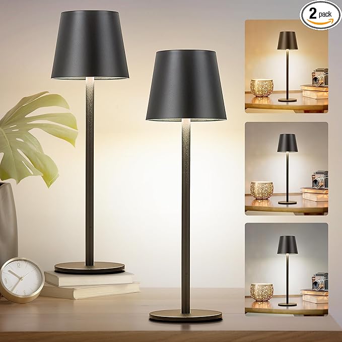 2Pack Cordless Table Lamp, 5200mAh IP54 Waterproof Rechargeable Battery Desk Lamp, 3 Color Stepless Dimming Up, Battery Operated Lamp for Kitchen/Bedside/Outdoor/Restaurant/Camping (Black) - LeafyLoom
