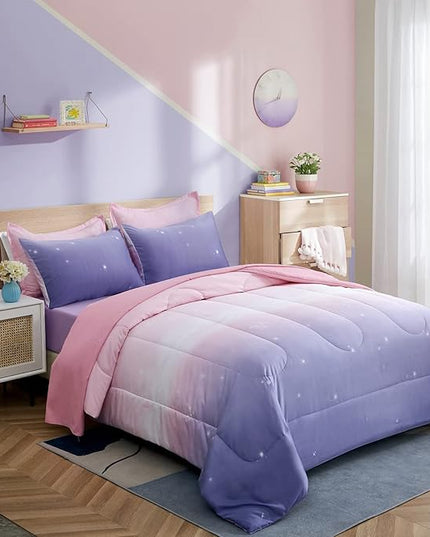 Dinjoy Girls Women Comforter Set King Size Ombre Pink Purple Rainbow Bedding Set 7 Pieces Bed in A Bag for Teen Adult (1 Comforter, 1 Flat Sheet, 1 Fitted Sheet, Pillow shams & Pillowcases) - LeafyLoom