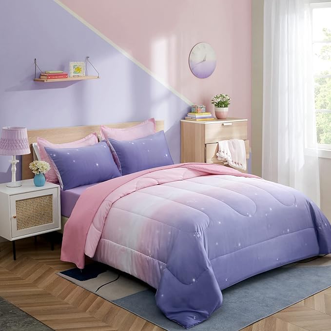 Dinjoy Girls Women Comforter Set King Size Ombre Pink Purple Rainbow Bedding Set 7 Pieces Bed in A Bag for Teen Adult (1 Comforter, 1 Flat Sheet, 1 Fitted Sheet, Pillow shams & Pillowcases) - LeafyLoom