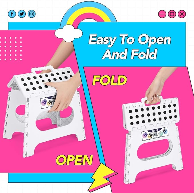 Delxo Folding Step Stool,11 Inch Non-Slip Foldable Step Stools for Kids and Adults,Portable Foldable Step Stool Lightweight Small Folding Stool with Handle for Kitchen Bathroom in White,1 Pack - LeafyLoom
