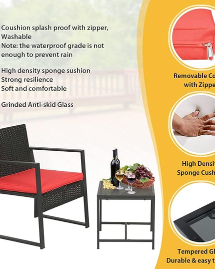 FDW Patio Furniture Sets 3 Piece Outdoor Bistro Set Wicker Patio Chairs Rattan Outdoor Furniture for Backyard Porch Poolside Lawn,Red Cushion - LeafyLoom