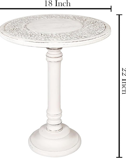 Side Table,Round End Table,Small Table,Side Tables Living Room,End Table,Round Side Table,Altar Table, Carved Side Table,Wood Accent Table,Carved Wood Table Single Pillar 18x22 inch White Antique - LeafyLoom