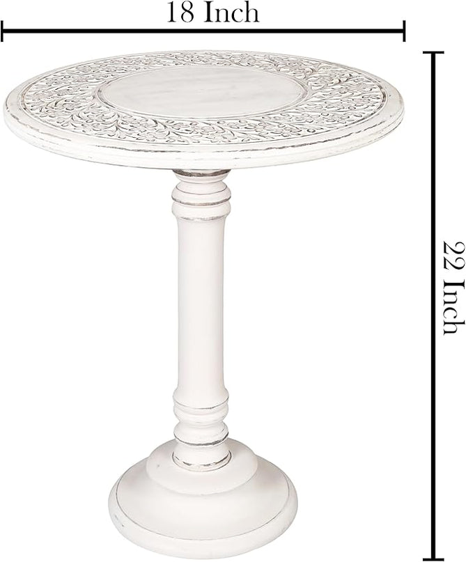 Side Table,Round End Table,Small Table,Side Tables Living Room,End Table,Round Side Table,Altar Table, Carved Side Table,Wood Accent Table,Carved Wood Table Single Pillar 18x22 inch White Antique - LeafyLoom