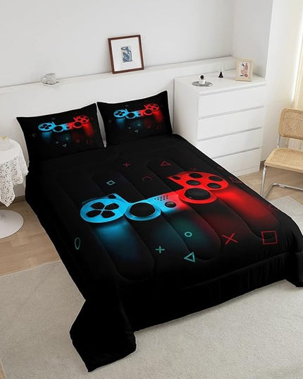 Erosebridal Boys Gamepad Comforter Set King,Play Gamer Bedding Set Kid Young Man Video Games Down for Teen Child Game Room Decor Black Classic Retro Gaming Quilt Duvet Set with Controller Button - LeafyLoom