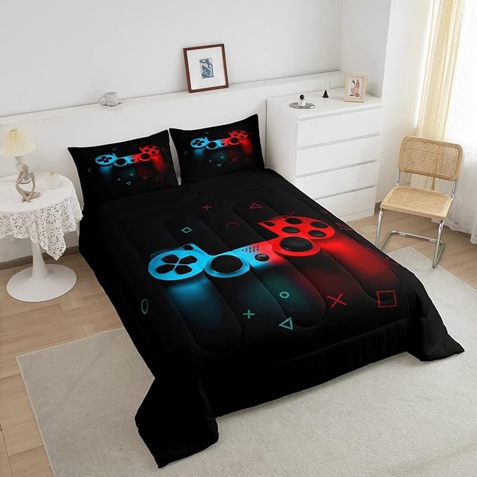 Erosebridal Boys Gamepad Comforter Set King,Play Gamer Bedding Set Kid Young Man Video Games Down for Teen Child Game Room Decor Black Classic Retro Gaming Quilt Duvet Set with Controller Button - LeafyLoom