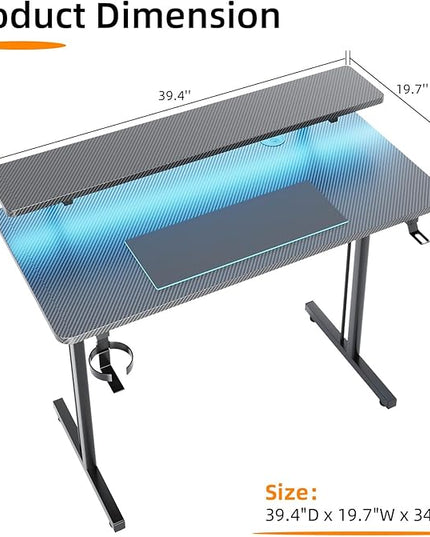 Flrrtenv Small Gaming Desk with LED Lights, 39 Inch Computer Gamer Desk with Monitor Stand, Ergonomic Carbon Fiber Surface Gaming Table with Remote Control for Home Office, RGB - LeafyLoom