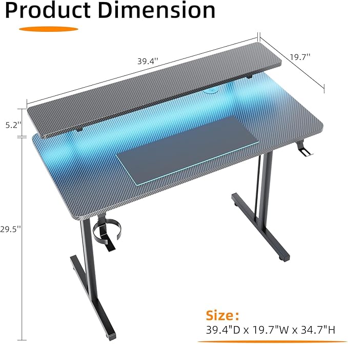 Flrrtenv Small Gaming Desk with LED Lights, 39 Inch Computer Gamer Desk with Monitor Stand, Ergonomic Carbon Fiber Surface Gaming Table with Remote Control for Home Office, RGB - LeafyLoom