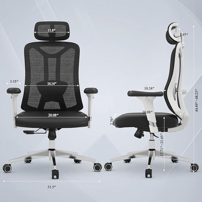 Ergonomic Office Chair with 3D PU Armrests, Home Office Chair with 3D Adjustable Lumbar Support, Adjustable Seat Depth Desk Chair, Swivel Big and Tall Computer Chair,Thick Seat Cushion - LeafyLoom
