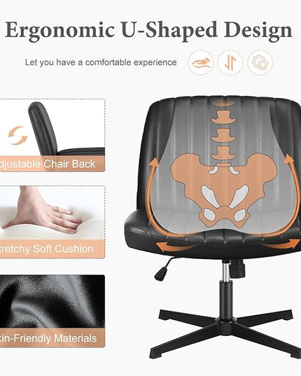 Sweetcrispy Criss Cross Chair Legged, Armless Office Desk Chair No Wheels, Swivel Vanity Chair, Height Adjustable Wide Seat Computer Task Chair, PU Leather Vanity Modern Home Chair Black - LeafyLoom