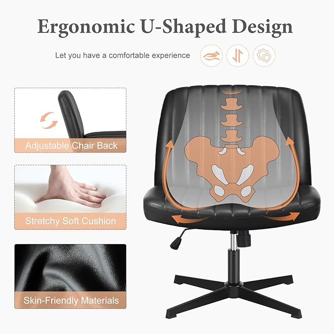 Sweetcrispy Criss Cross Chair Legged, Armless Office Desk Chair No Wheels, Swivel Vanity Chair, Height Adjustable Wide Seat Computer Task Chair, PU Leather Vanity Modern Home Chair Black - LeafyLoom