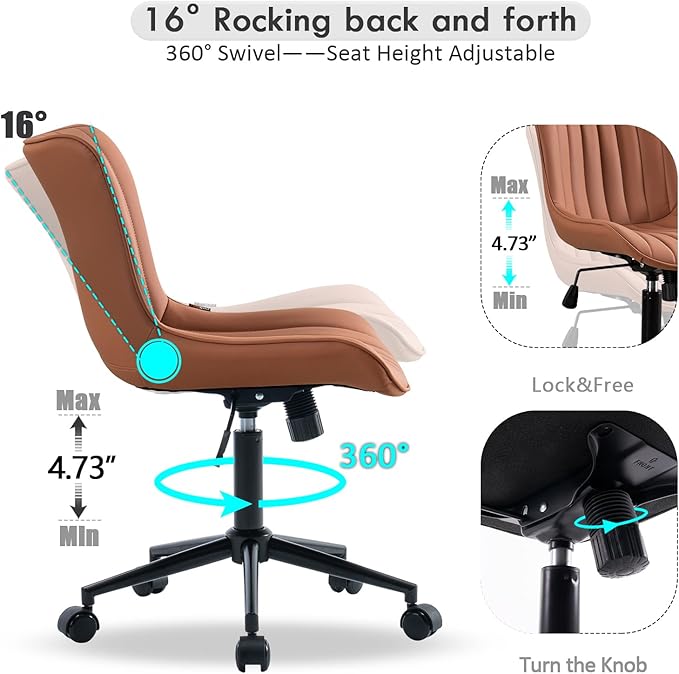 YOUNIKE Pink Office Chair Armless, PU Leather Computer Task Chair, Cute Swivel Adjustable Home Desk Chair, Small Vanity Chiar with Wheels Mid Backrest 300LBS - LeafyLoom