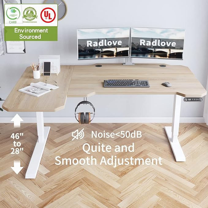 Radlove 59-Inch Large Electric Height Adjustable Computer L-Shaped Desk with Memory Controller Corner Standing Desk Modern Workstation with Splice Board Ergonomic Desk (White Frame + Oak Top) - LeafyLoom