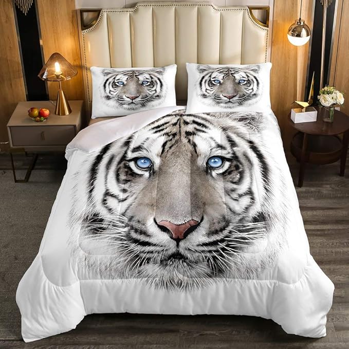 Erosebridal Kids Tiger Comforter Set Full Size, Wild Animal Down Comforter for Boys Girls Teens Adult Bedroom, Grey Tiger Skin Duvet Insert Black White Stripe Bedding Comforters for Bedroom Decor - LeafyLoom